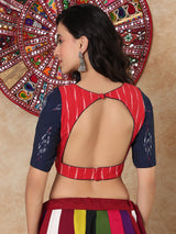 Red thread mirror work boat neck cotton blouse with sleeves