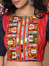 Red thread mirror work boat neck cotton blouse with sleeves