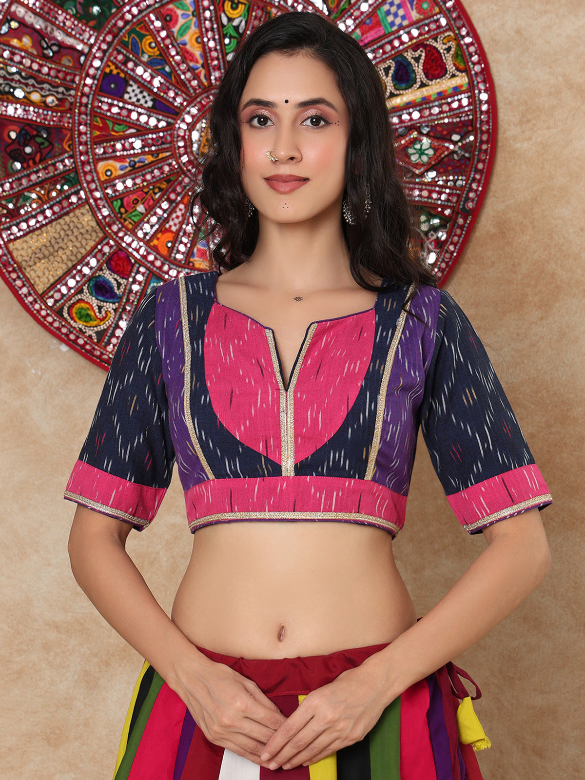Multicolor printed gota work V neck cotton blouse with sleeves