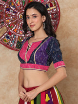 Multicolor printed gota work V neck cotton blouse with sleeves