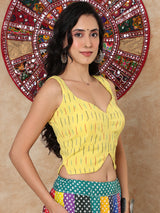 Yellow printed sweetheart sleeveless cotton blouse with back opening