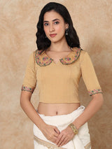 Gold embroidered sequin round neck elbow sleeve lycra blouse