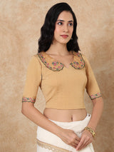 Gold embroidered sequin round neck elbow sleeve lycra blouse