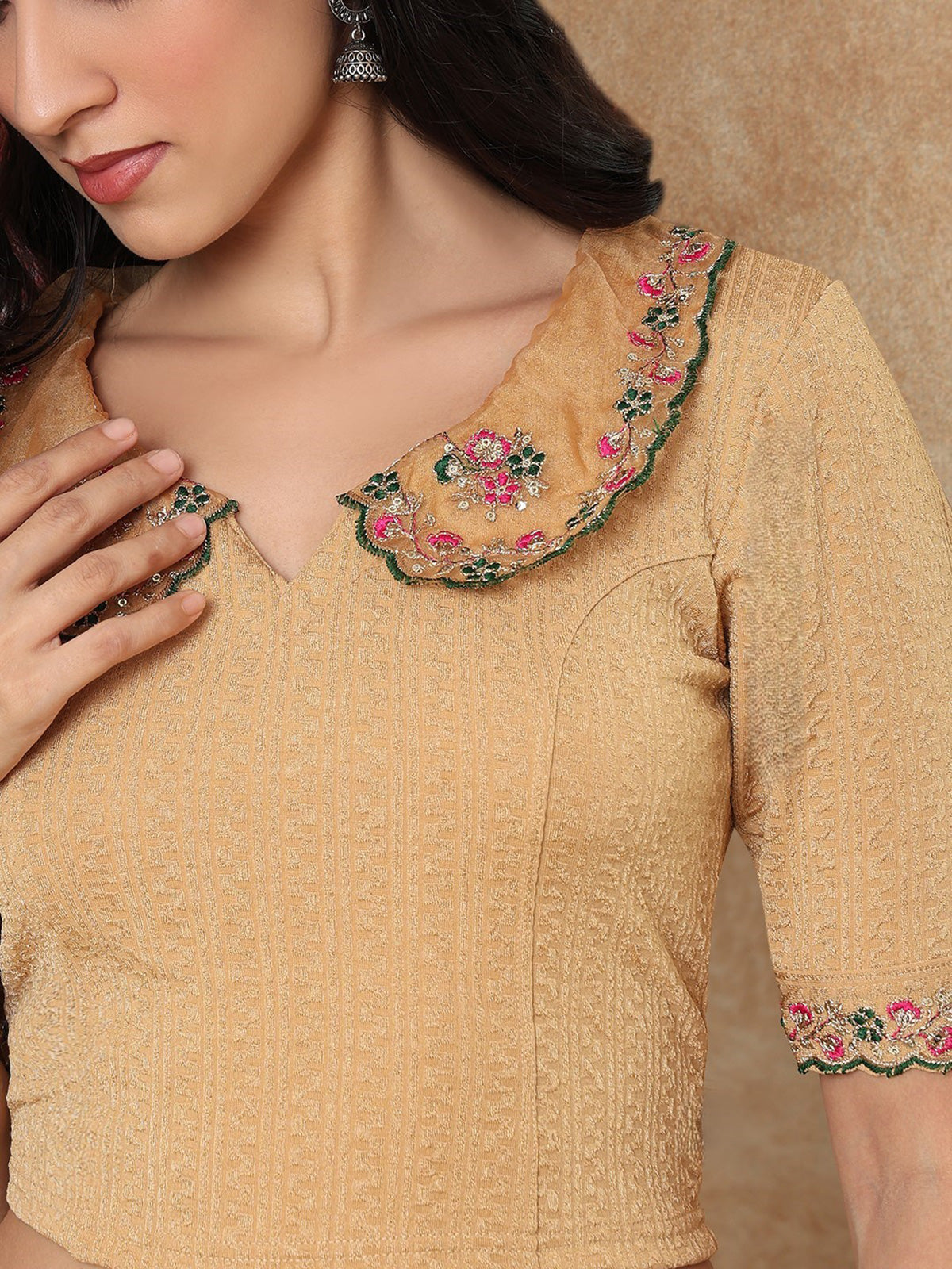 Gold embroidered sequin round neck elbow sleeve lycra blouse