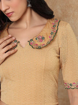 Gold embroidered sequin round neck elbow sleeve lycra blouse