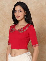 Red embroidered sequin round neck elbow sleeve lycra blouse