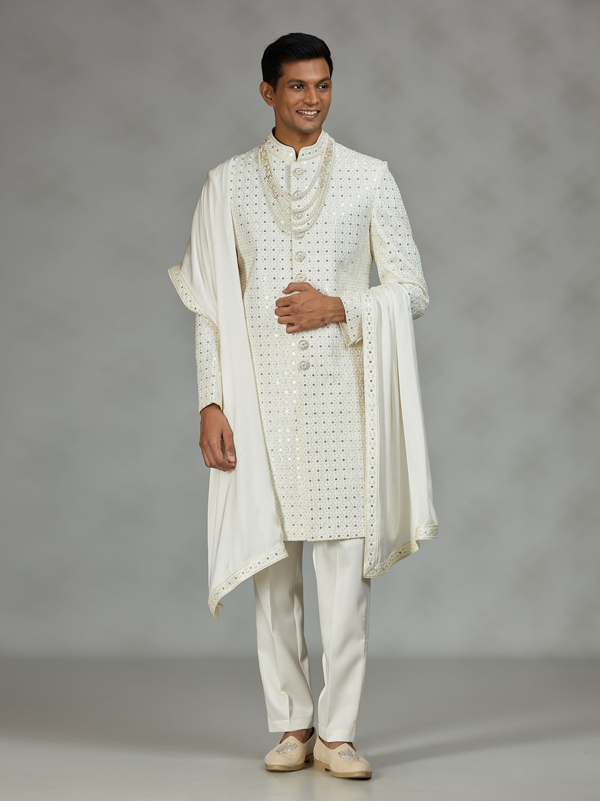Ivory statement embroidered mens sherwani
