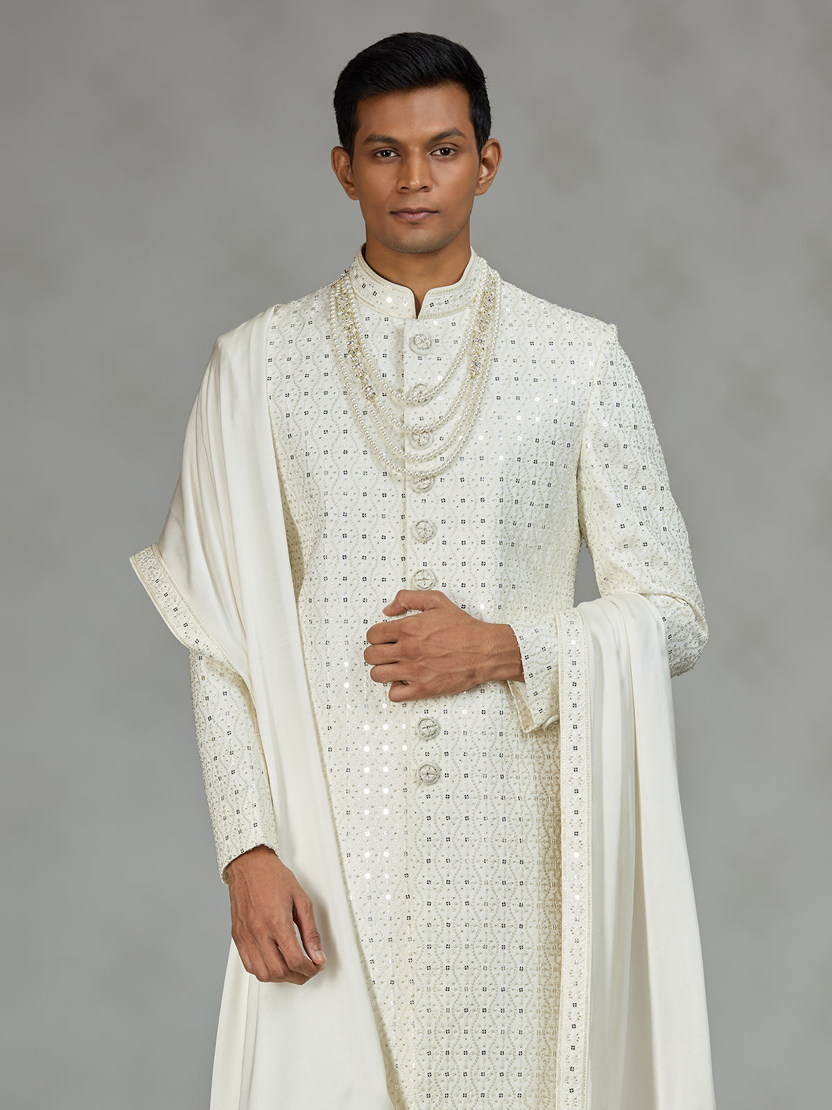 Ivory statement embroidered mens sherwani