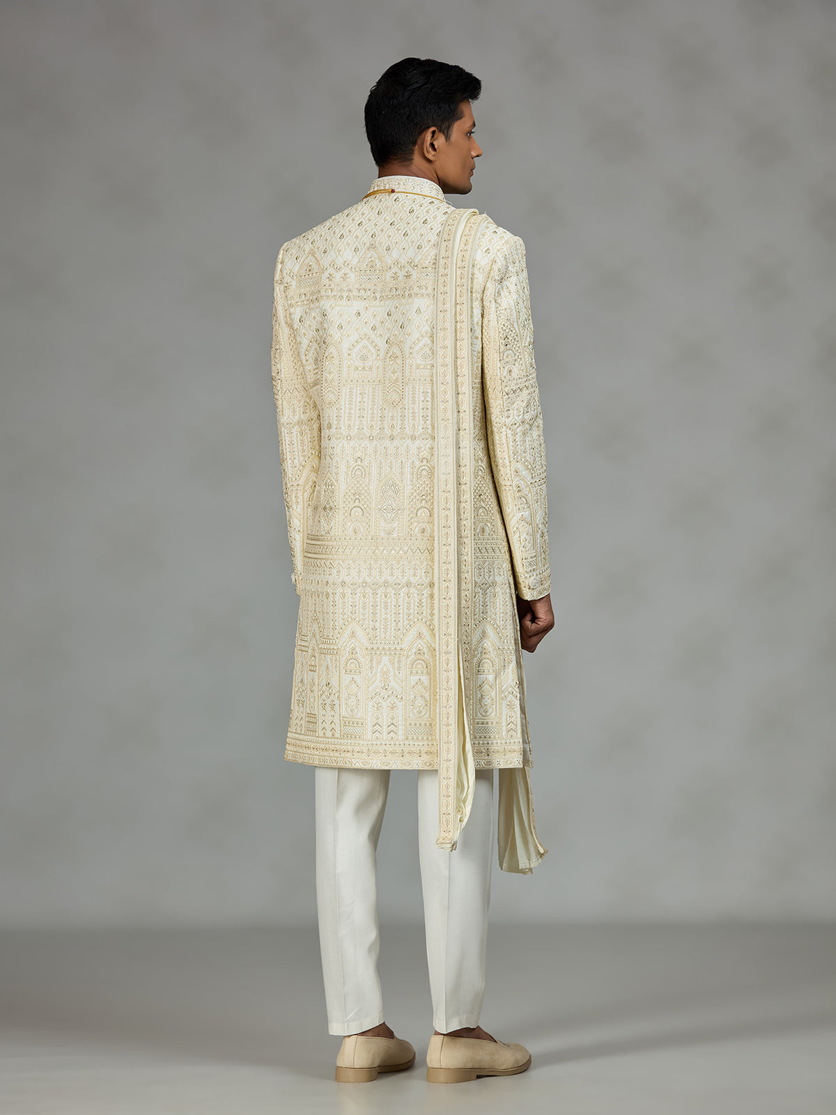 Cream architectural mens sherwani