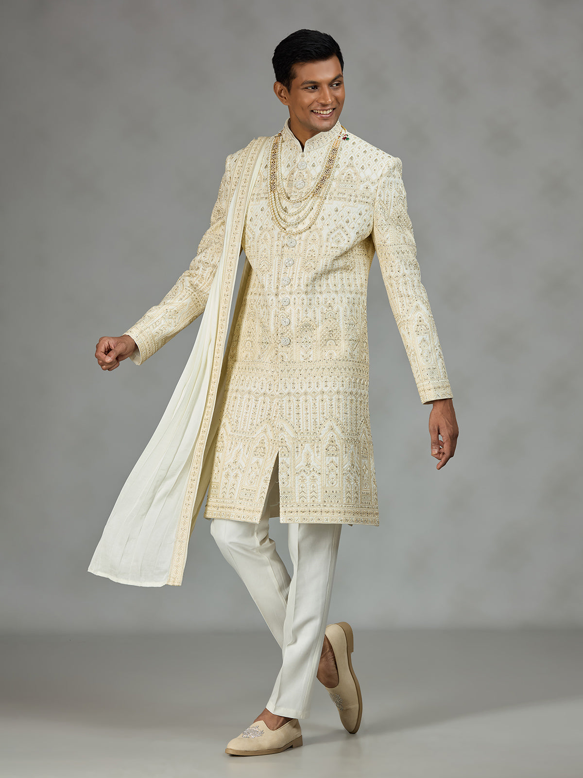 Cream architectural mens sherwani