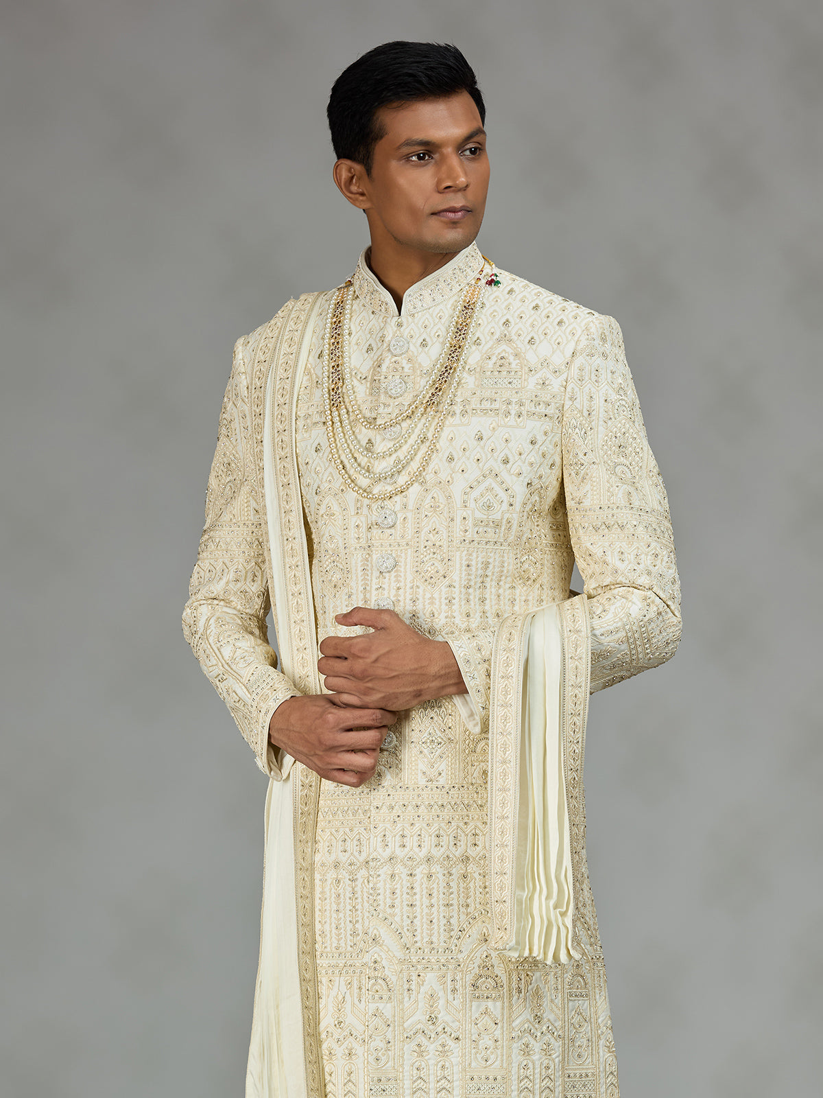 Cream architectural mens sherwani