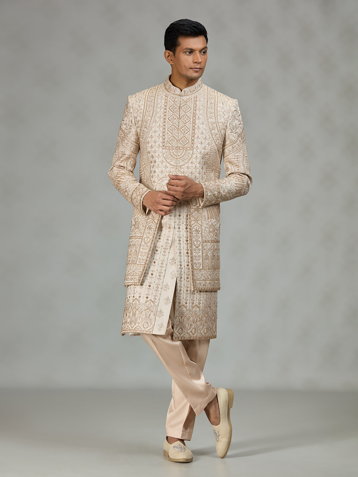 Cream designer embroidered mens sherwani