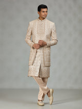 Cream designer embroidered mens sherwani