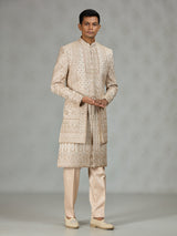 Cream designer embroidered mens sherwani
