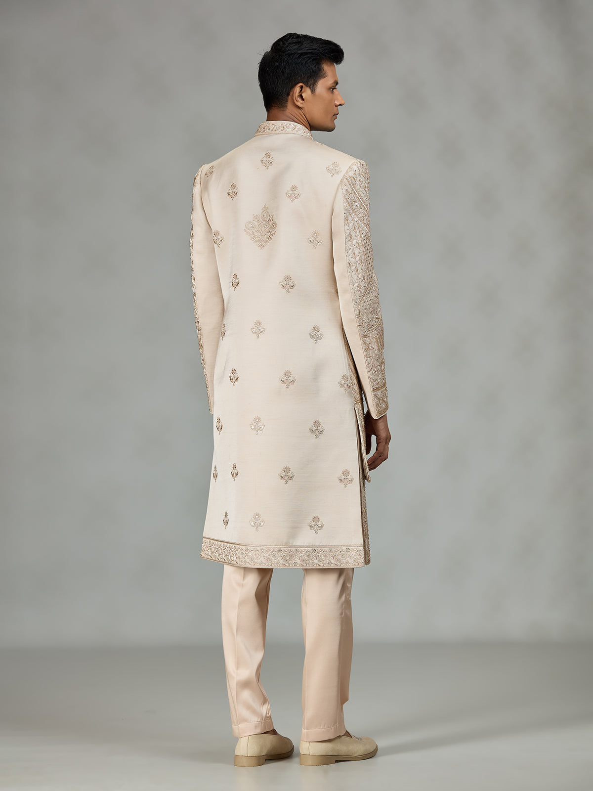 Cream designer embroidered mens sherwani