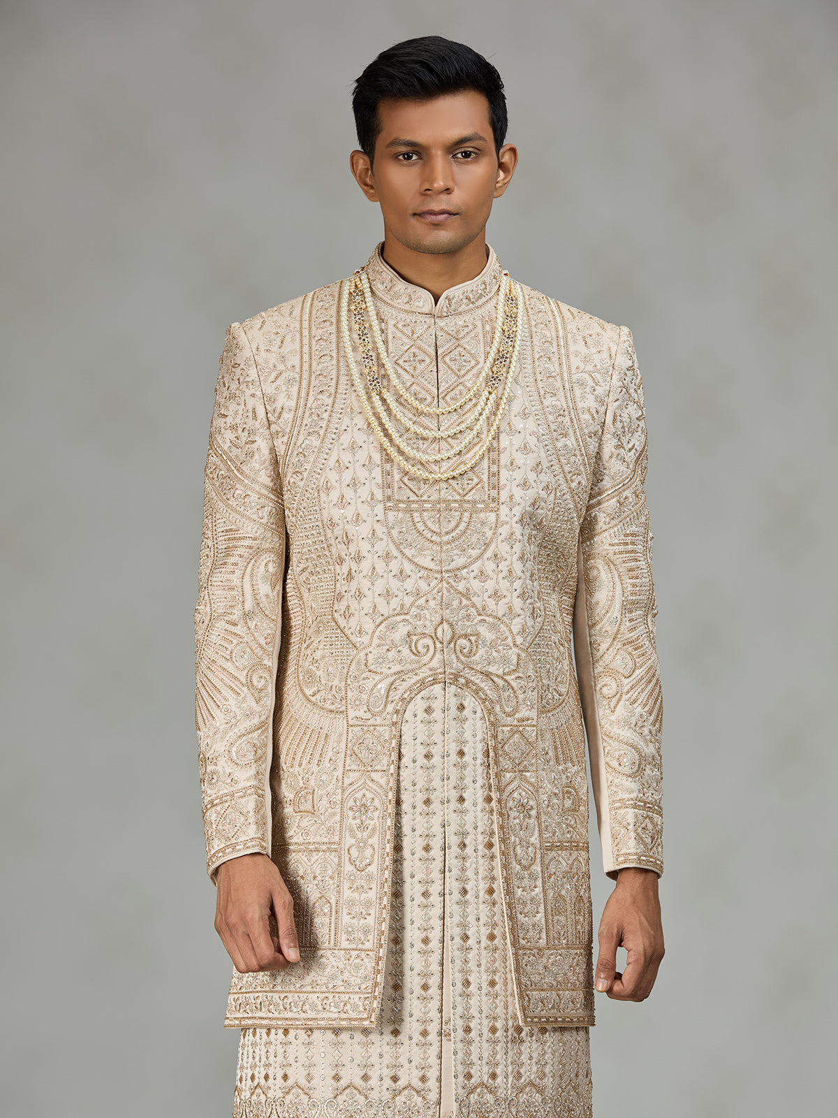 Cream designer embroidered mens sherwani