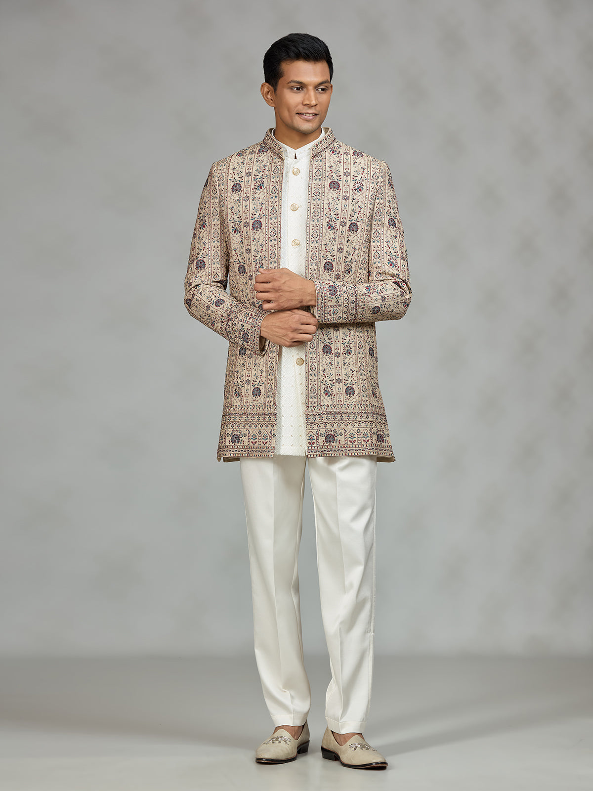 Beige refined embroidered mens indo western