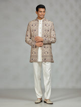 Beige refined embroidered mens indo western