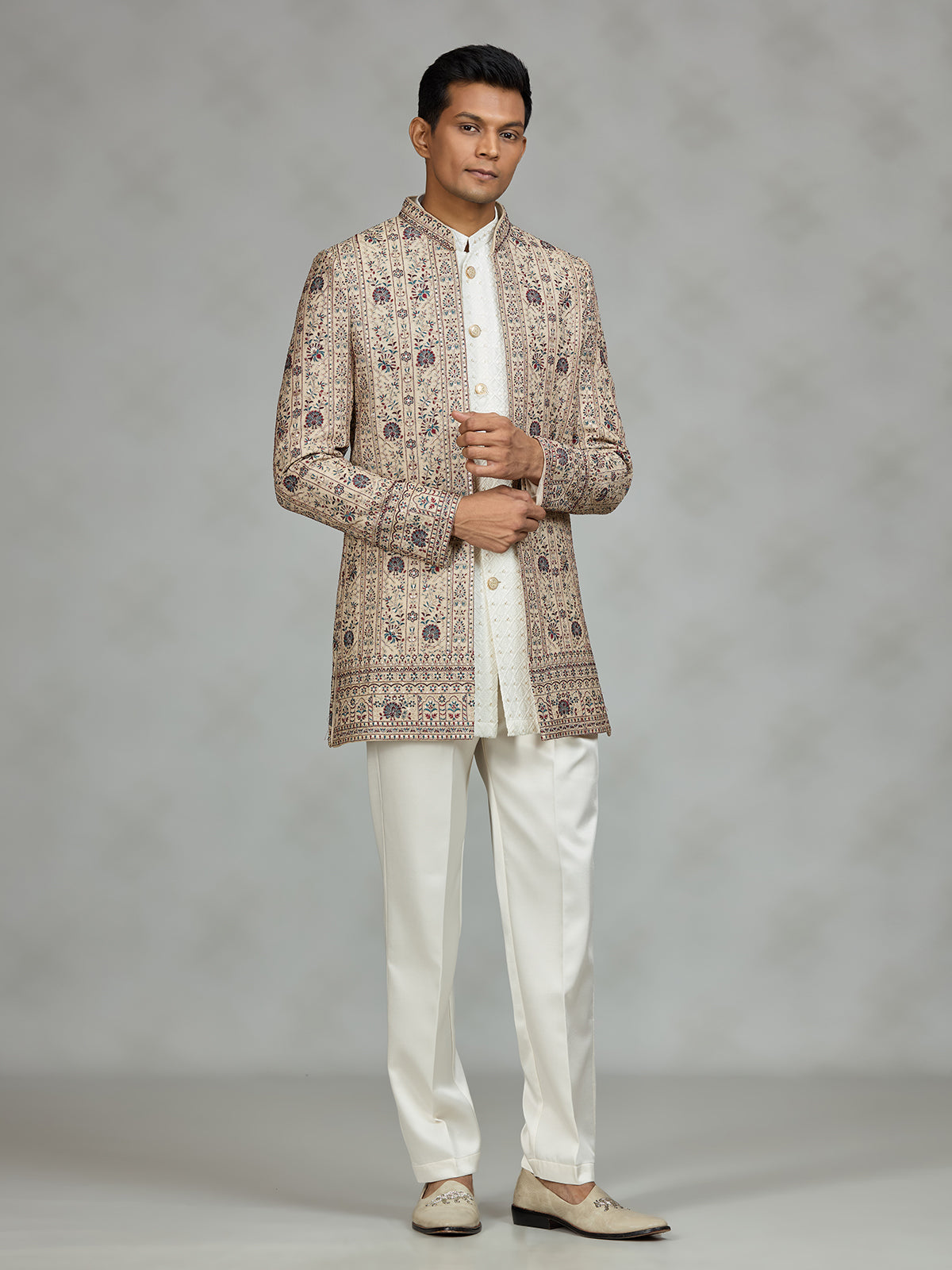Beige refined embroidered mens indo western
