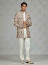 Beige refined embroidered mens indo western