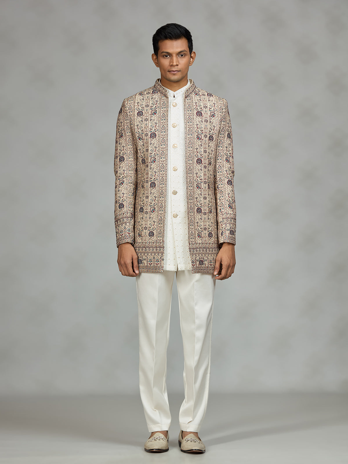 Beige refined embroidered mens indo western