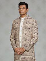 Beige refined embroidered mens indo western