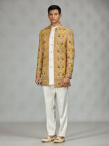 Yellow signature embroidered mens indo western