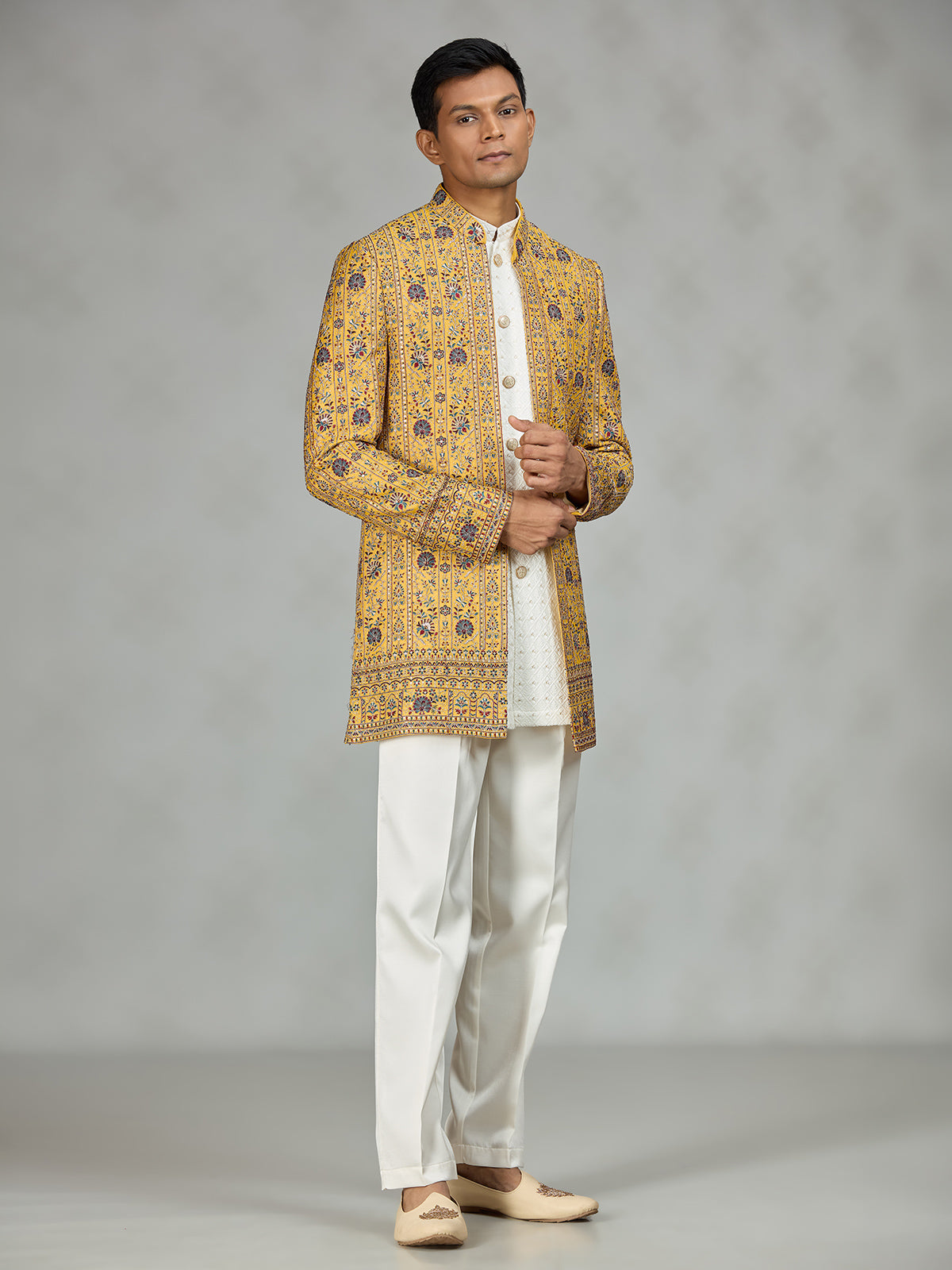 Yellow signature embroidered mens indo western
