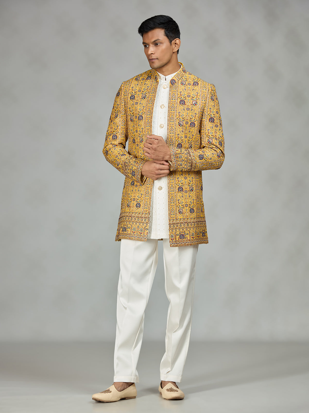 Yellow signature embroidered mens indo western