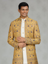 Yellow signature embroidered mens indo western