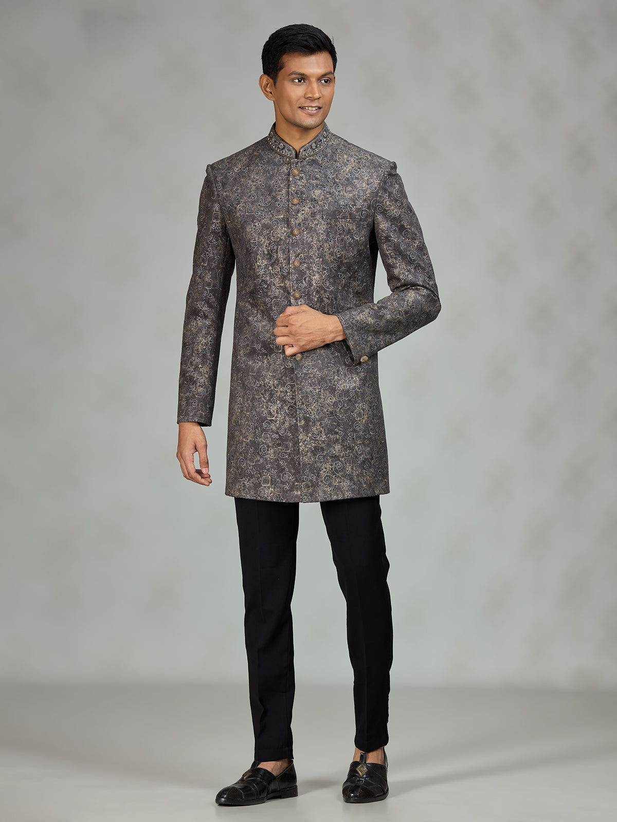 Grey signature brocade mens indo western
