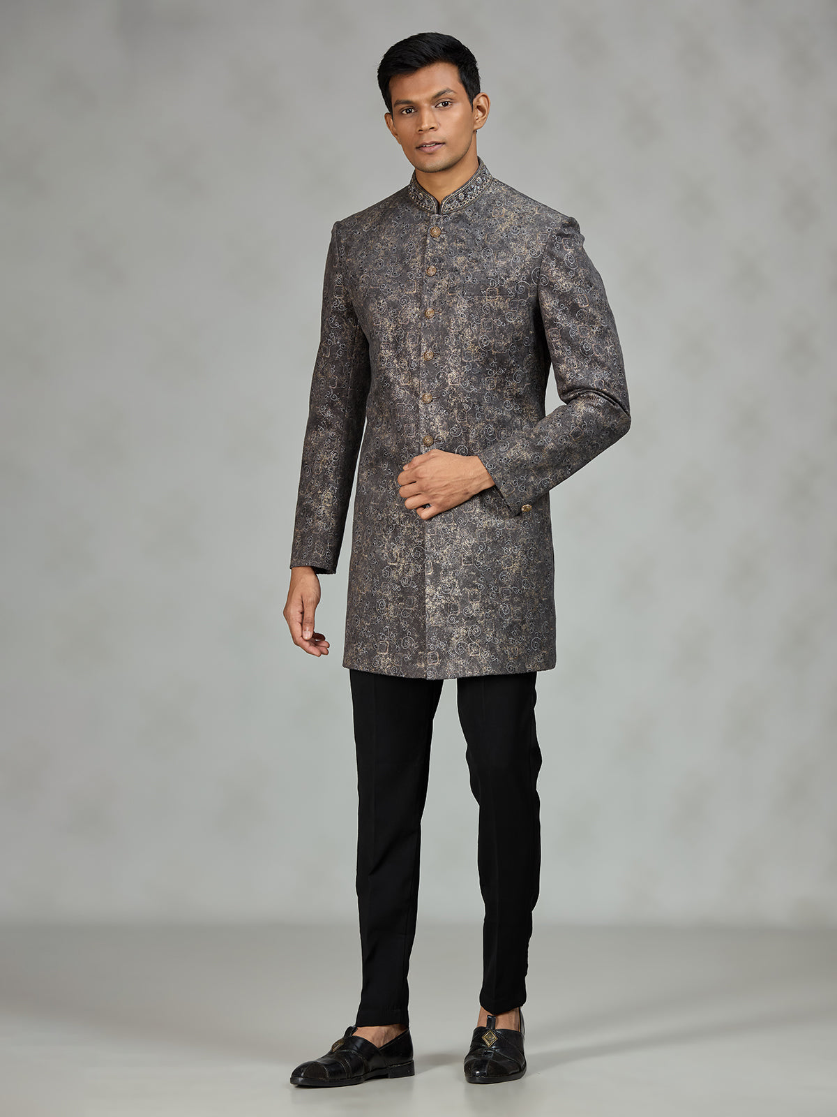 Grey signature brocade mens indo western