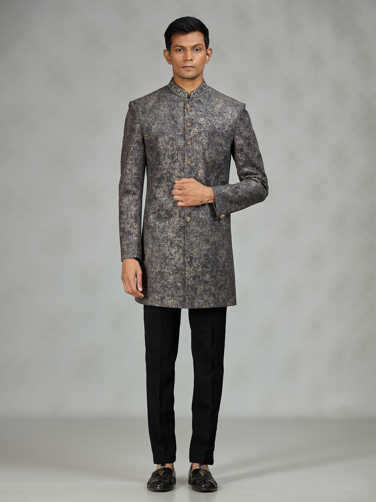 Grey signature brocade mens indo western