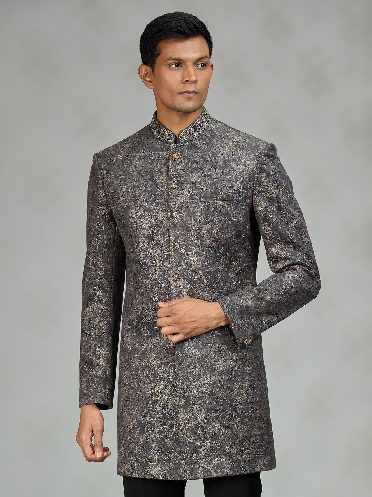 Grey signature brocade mens indo western