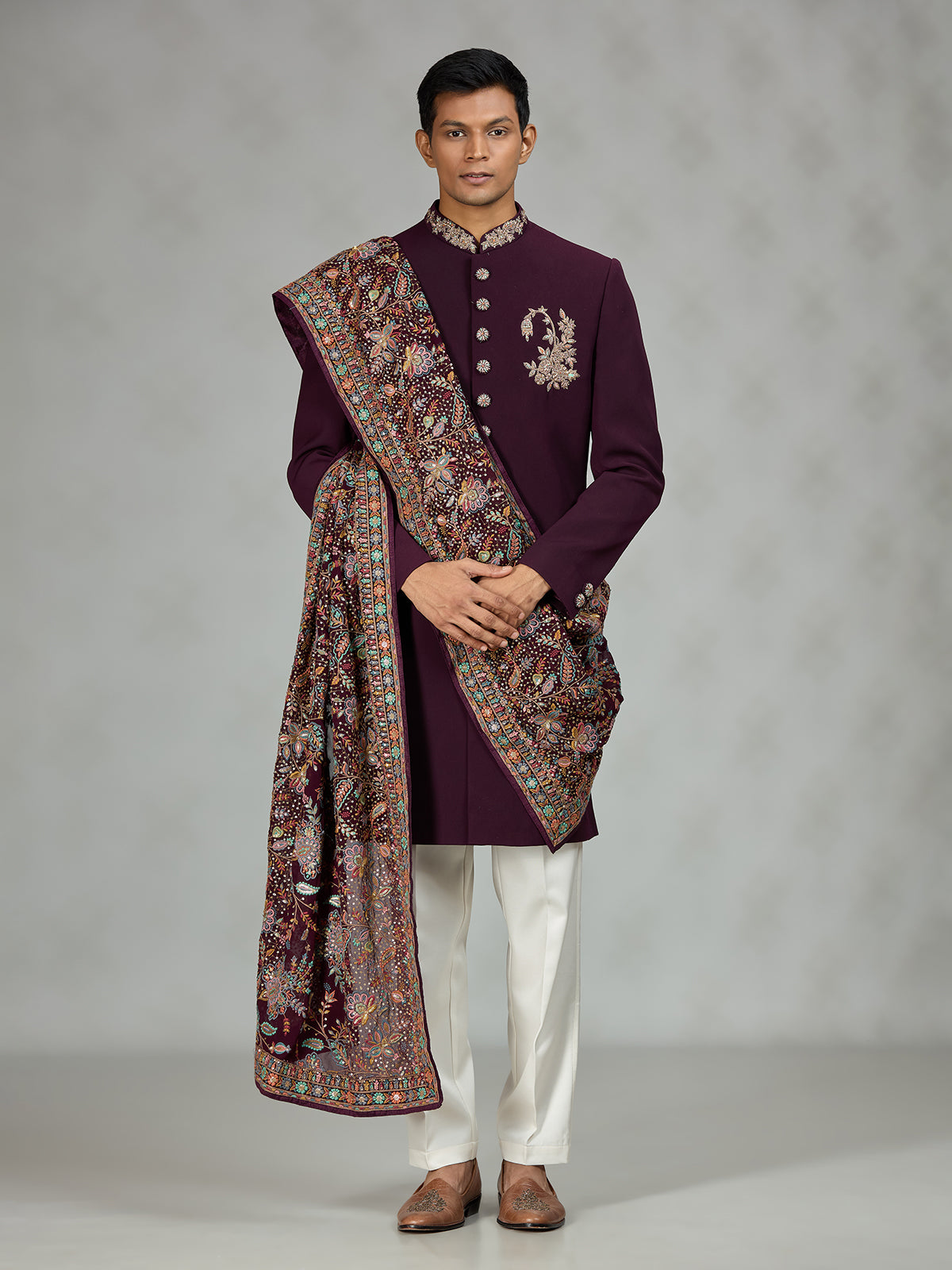 Wine royal shawl mens indo western