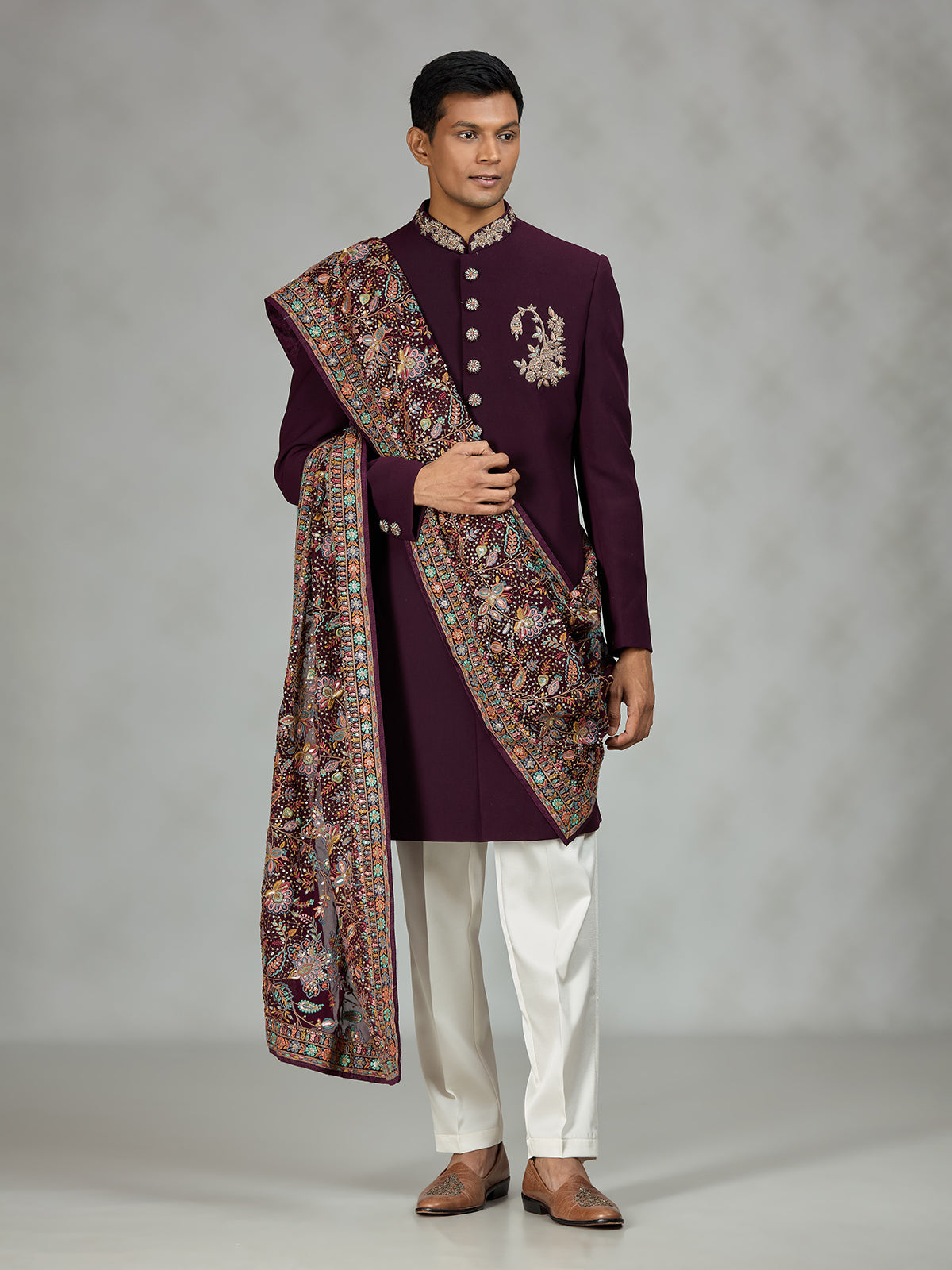Wine royal shawl mens indo western