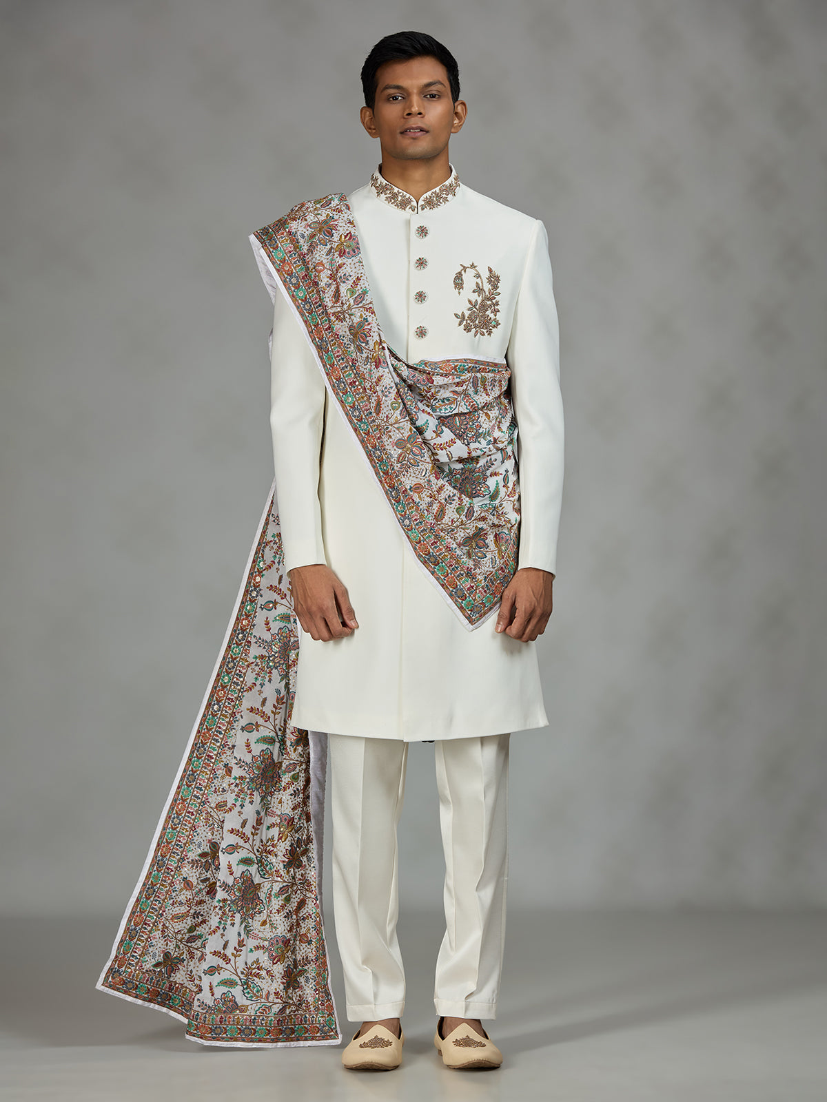 White refined shawl mens indo western