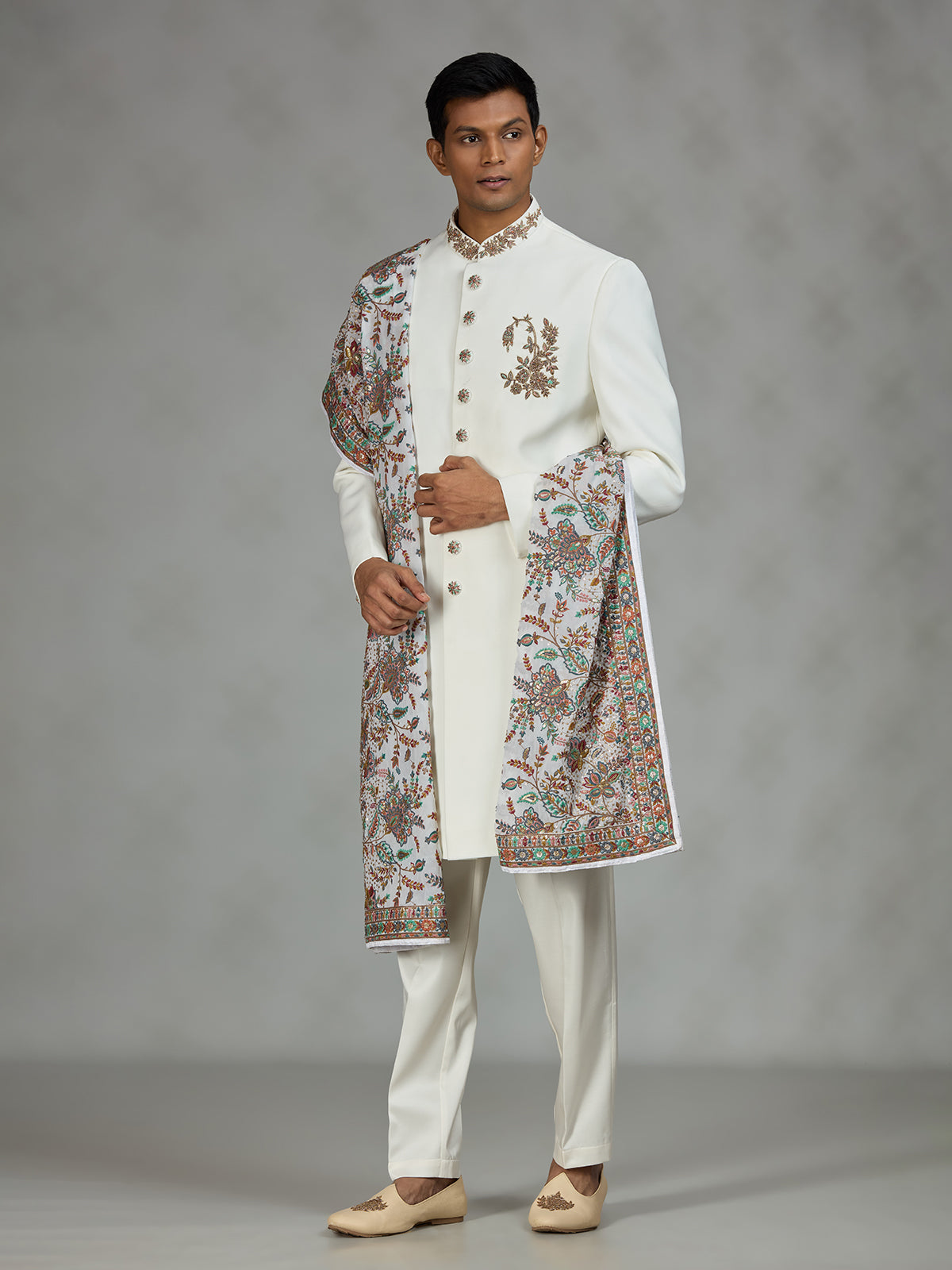 White refined shawl mens indo western