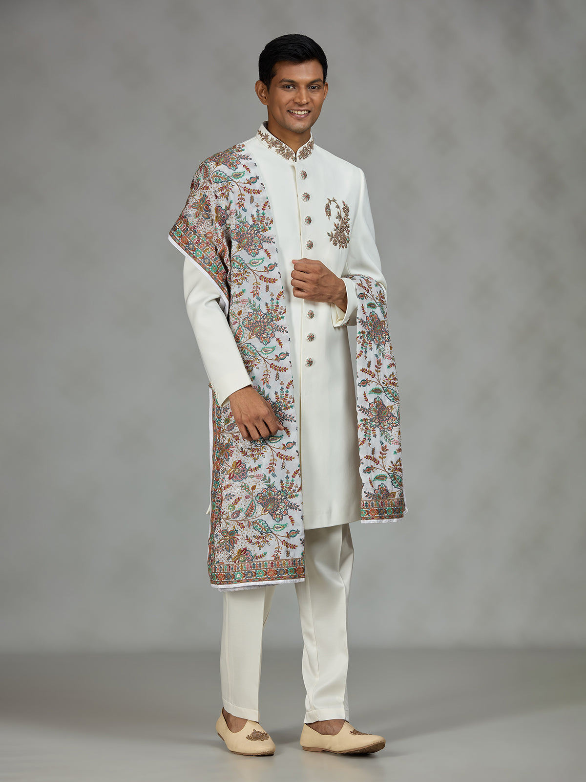 White refined shawl mens indo western