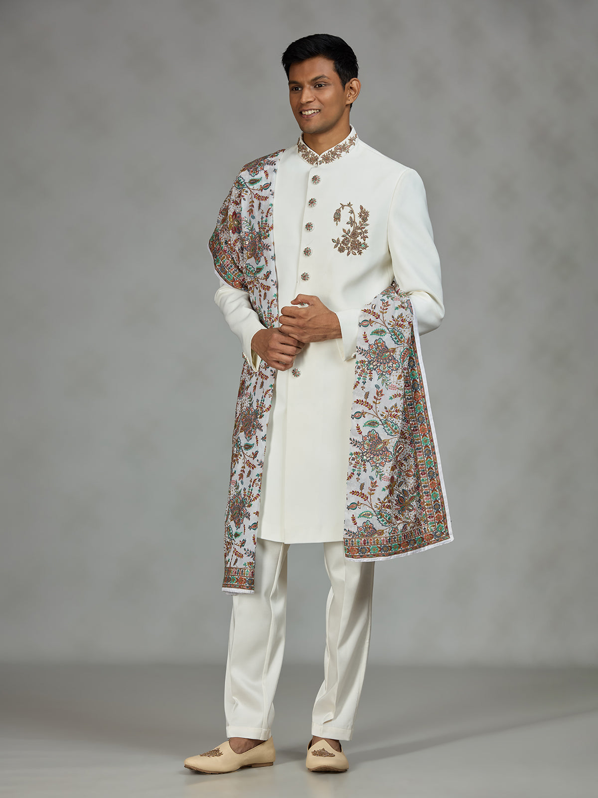 White refined shawl mens indo western