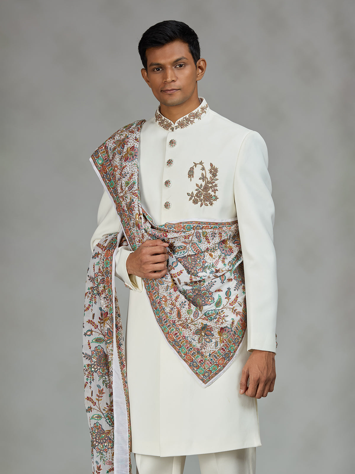 White refined shawl mens indo western