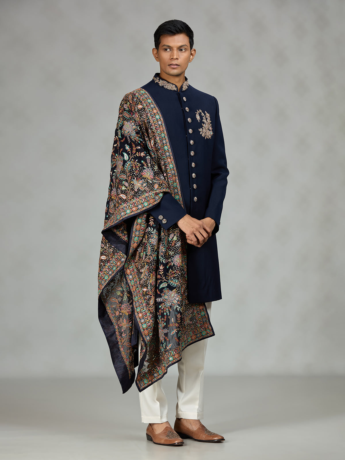 Navy blue luxury shawl mens indo western