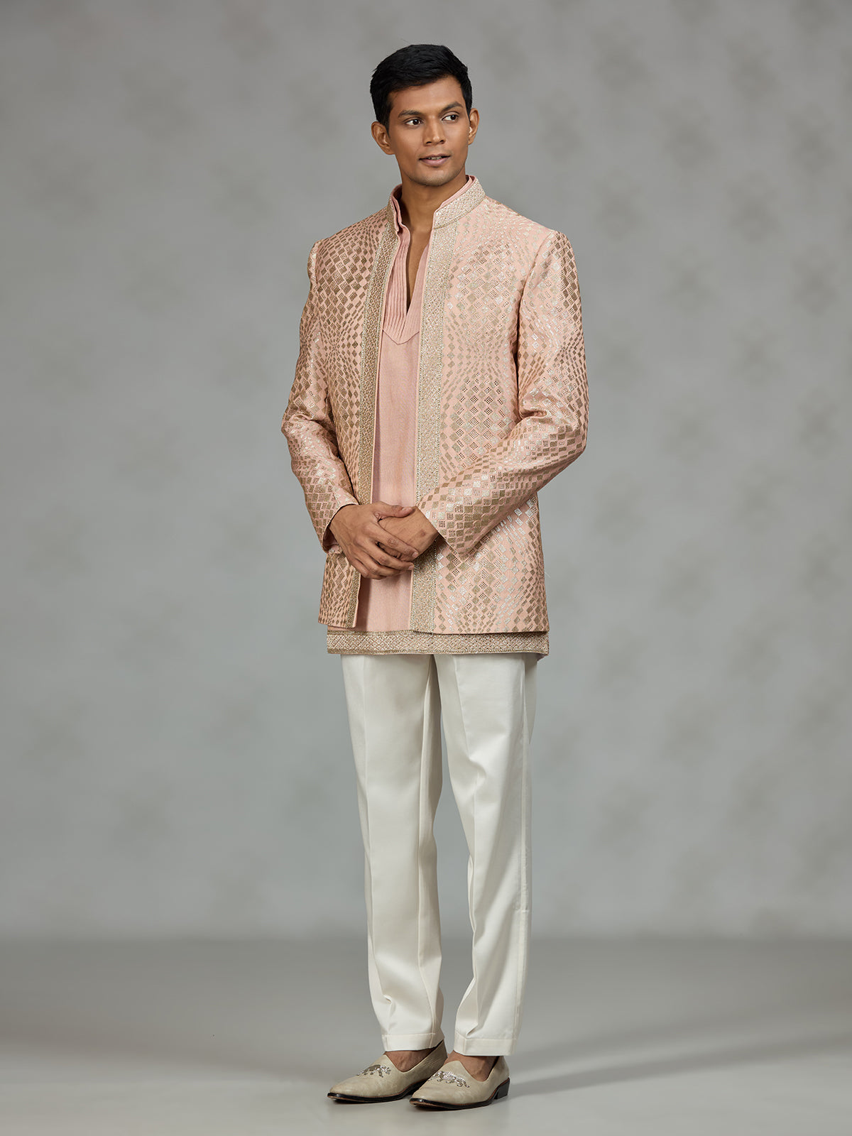 Peach designer textured mens indo western
