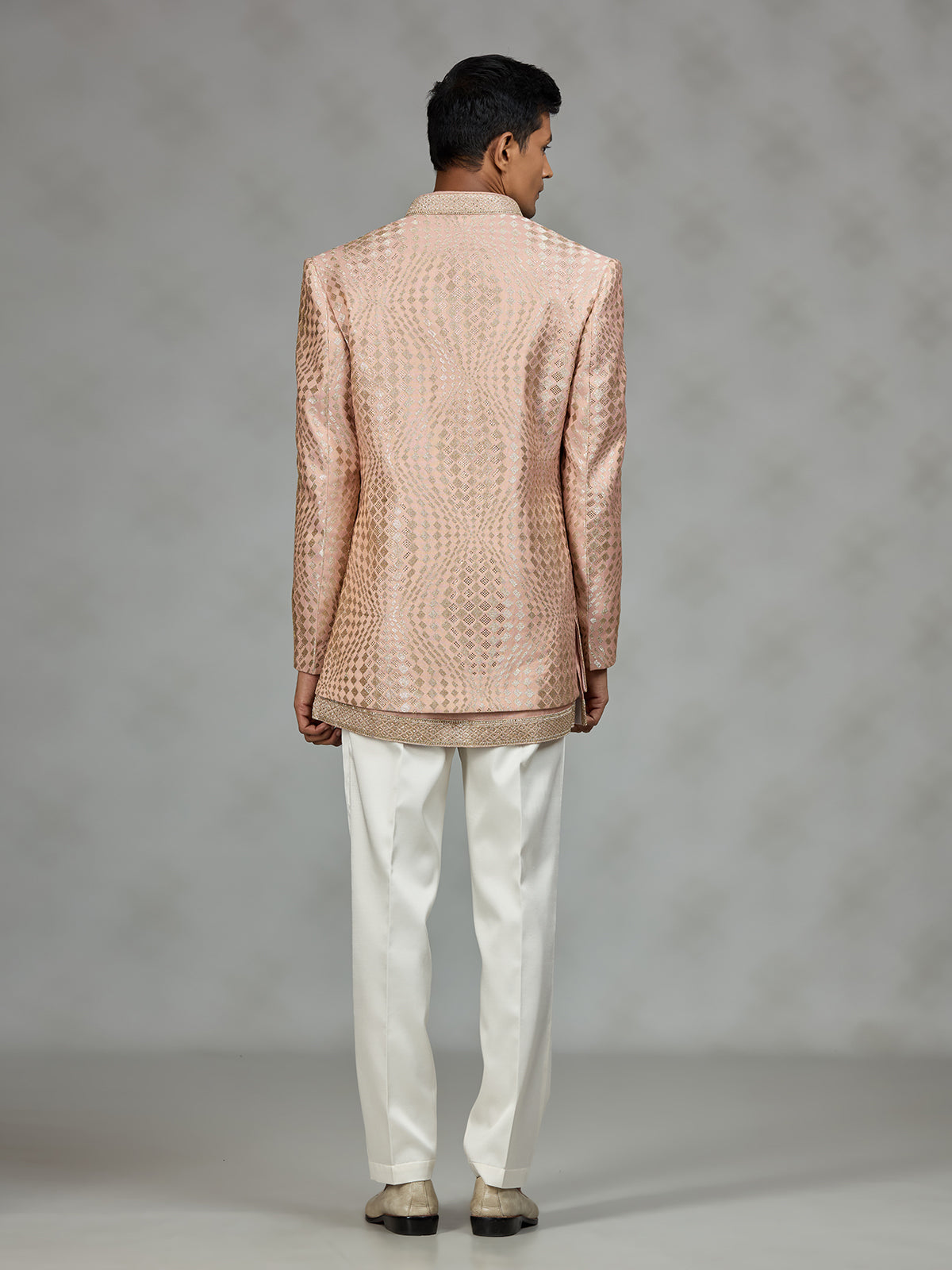 Peach designer textured mens indo western