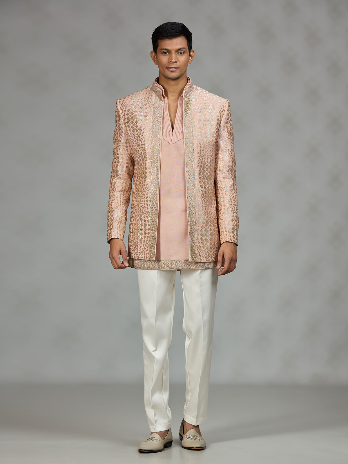 Peach designer textured mens indo western