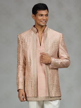 Peach designer textured mens indo western