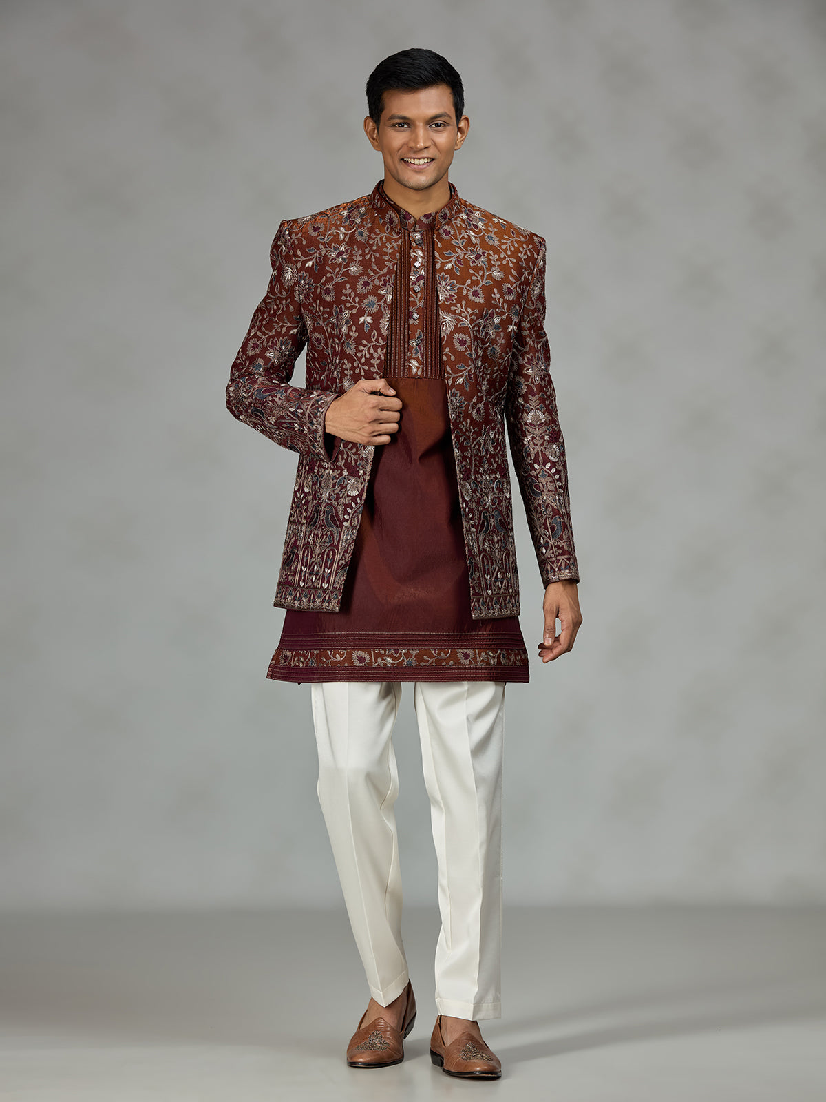 Rust brown heritage mens indo western