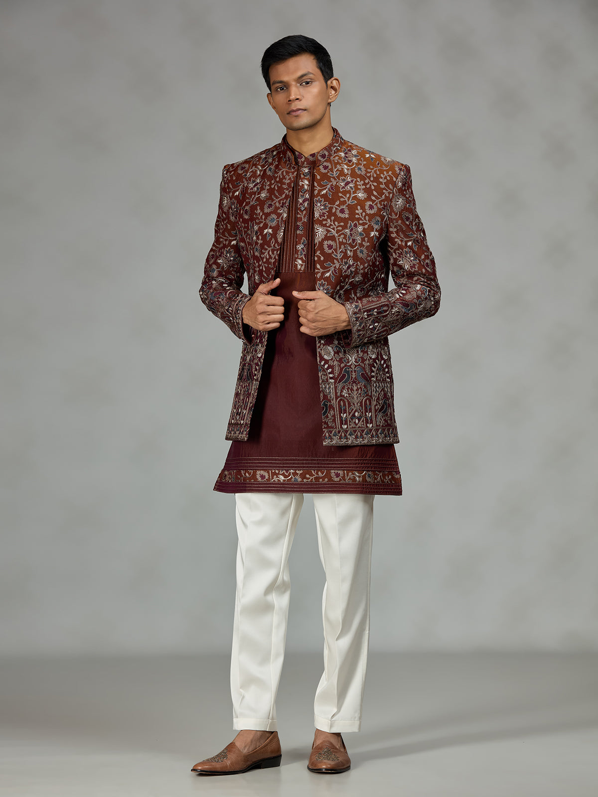Rust brown heritage mens indo western