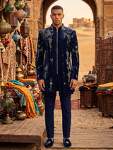 Navy blue couture mens indo western