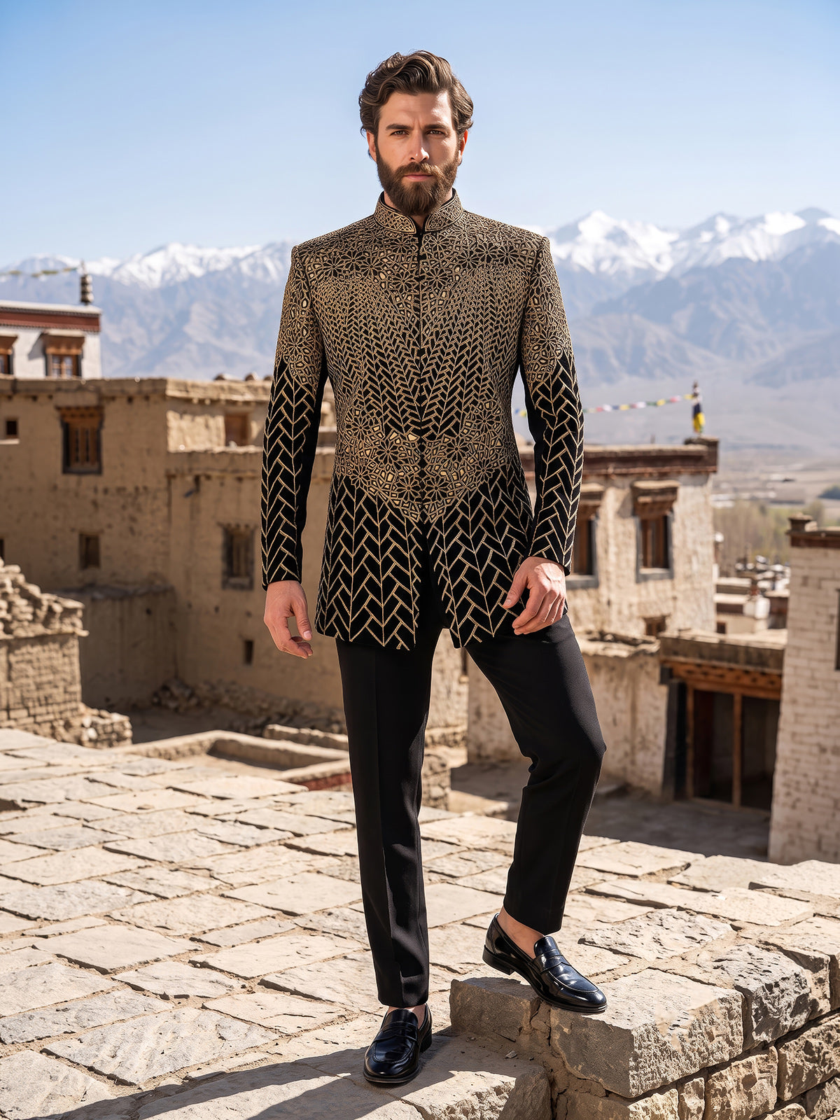 Black luxury mens indo western for grand celebration